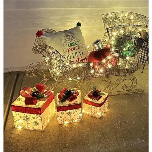 Set of 4 Light Up Present Boxes 80 LED Plug in Lighted...
